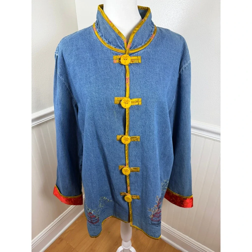 Hearts of Palm Vintage Denim‎ Mandarin Collar Jacket Embroidered Women Size 18